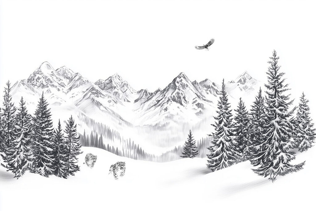 Snowy mountain landscape with trees and a bird flying over it