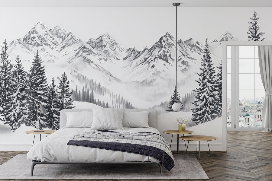 Wall murals Drawing of a snowy mountain range