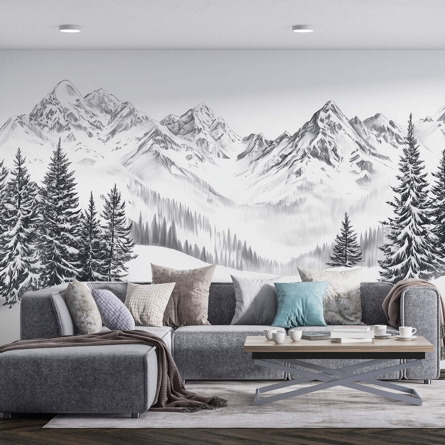 Wall murals Drawing of a snowy mountain range - Image 3