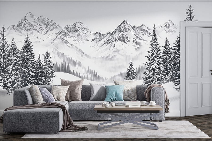 Wall murals Drawing of a snowy mountain range - Image 4