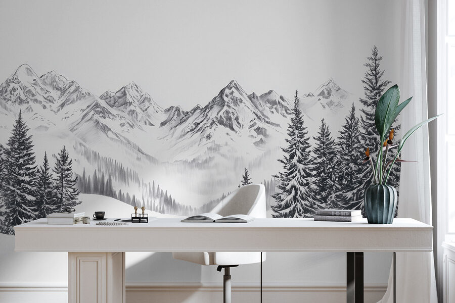 Wall murals Drawing of a snowy mountain range - Image 5