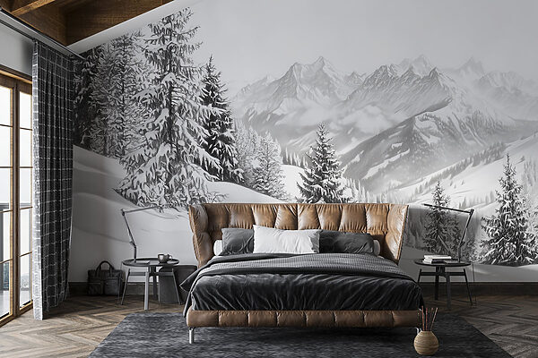 Snowy mountain with trees and mountains in the background Snowy mountain with trees and mountains in the background