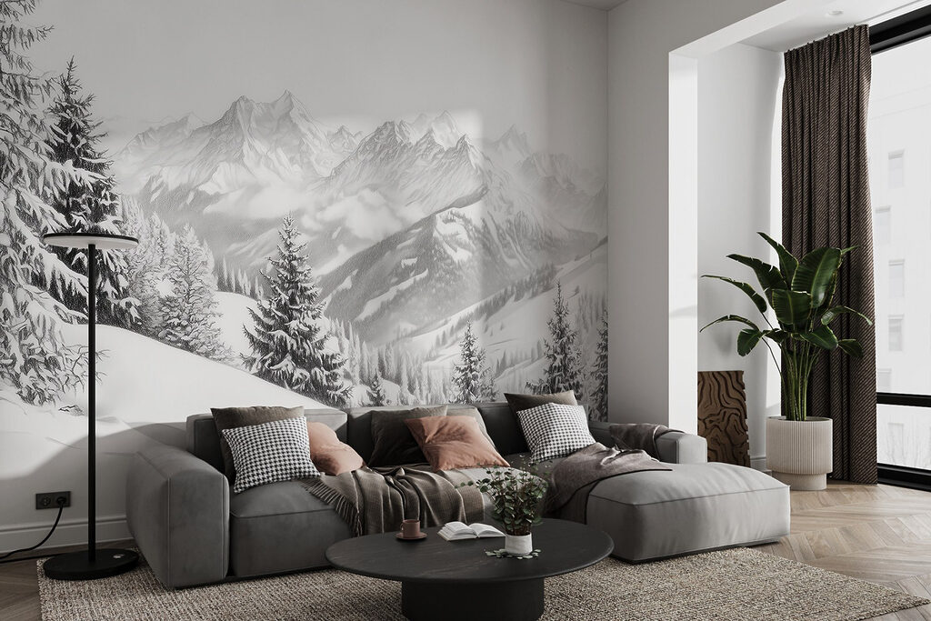 Snowy mountain with trees and mountains in the background