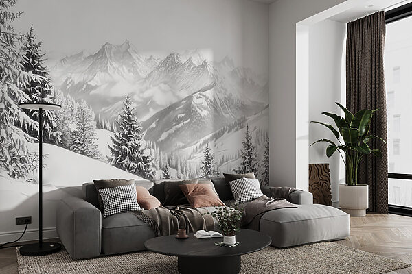 Snowy mountain with trees and mountains in the background Snowy mountain with trees and mountains in the background
