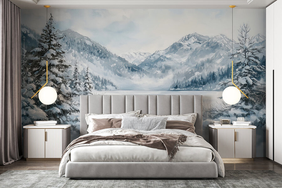 Snowy landscape with trees and mountains