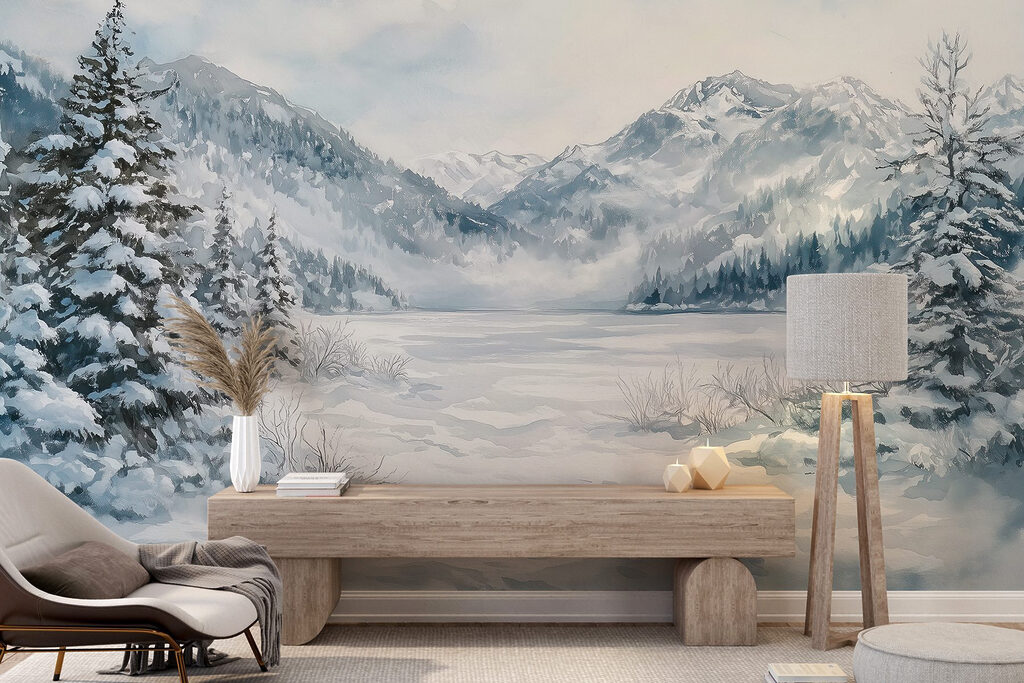 Snowy landscape with trees and mountains Snowy landscape with trees and mountains