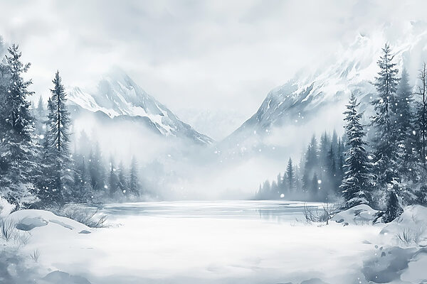 Snowy landscape with a lake and mountains Snowy landscape with a lake and mountains