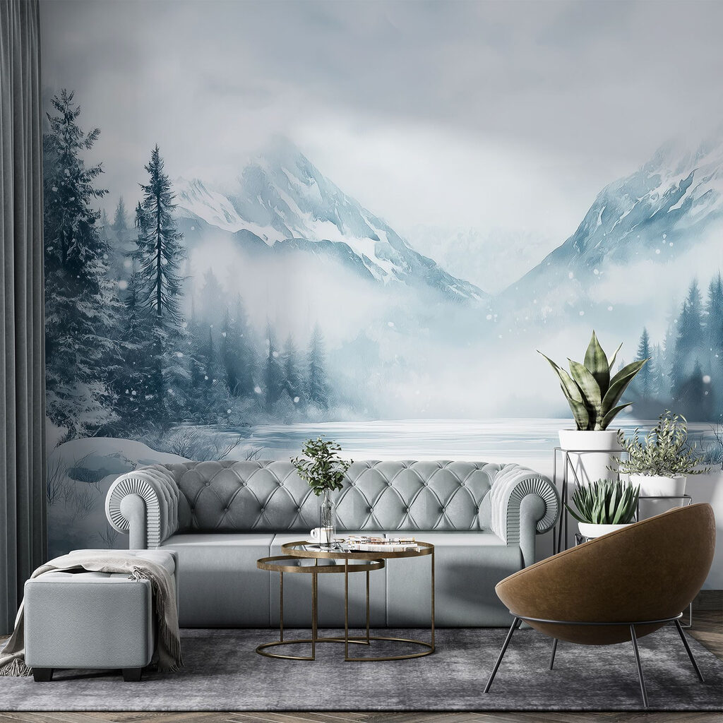 Snowy landscape with a lake and mountains