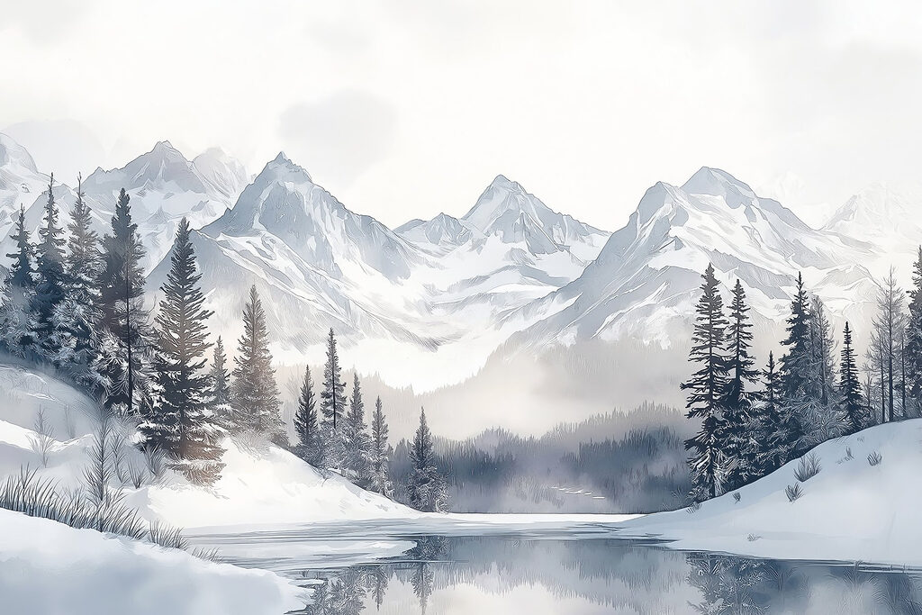 Lake surrounded by snow and mountains