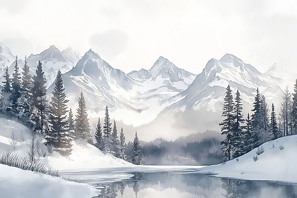 Lake surrounded by snow and mountains