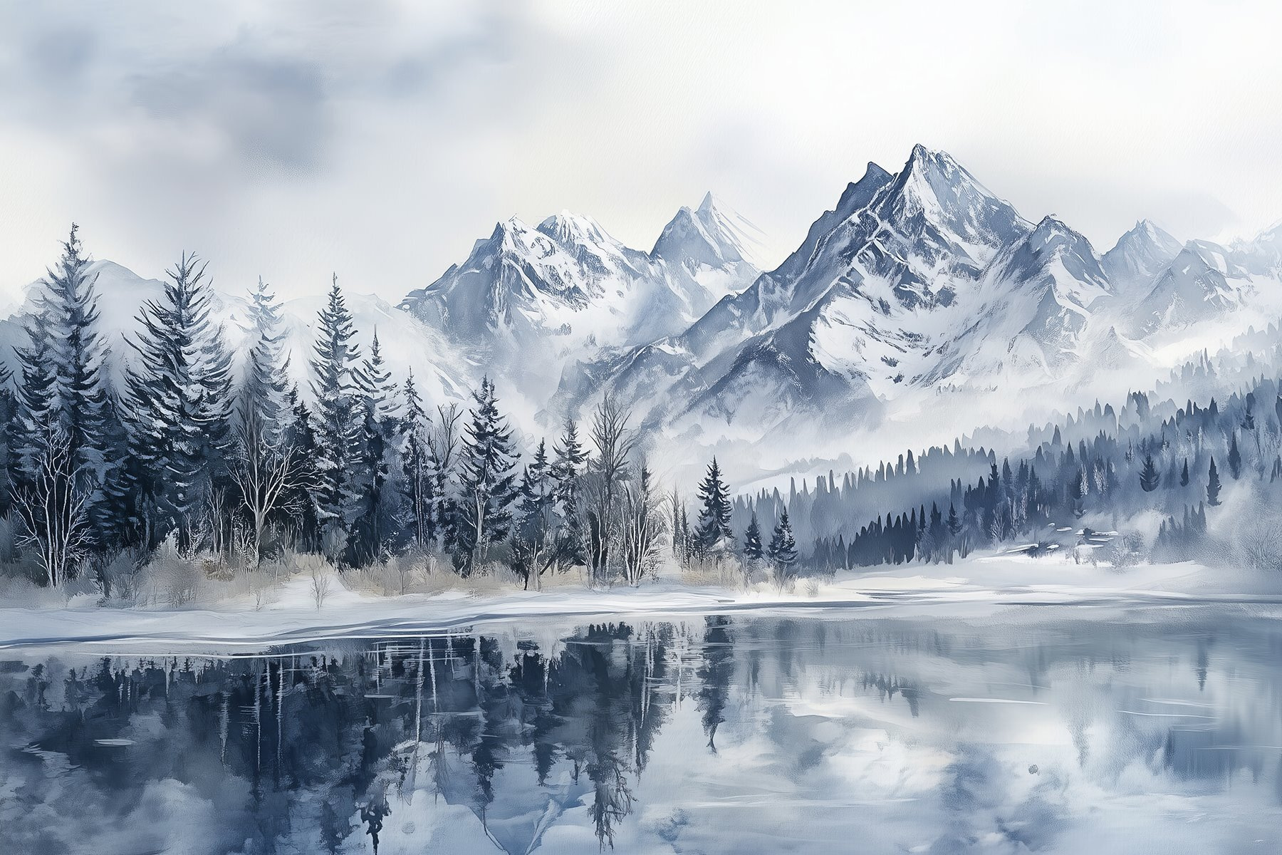 Lake with snow covered mountains and trees Lake with snow covered mountains and trees