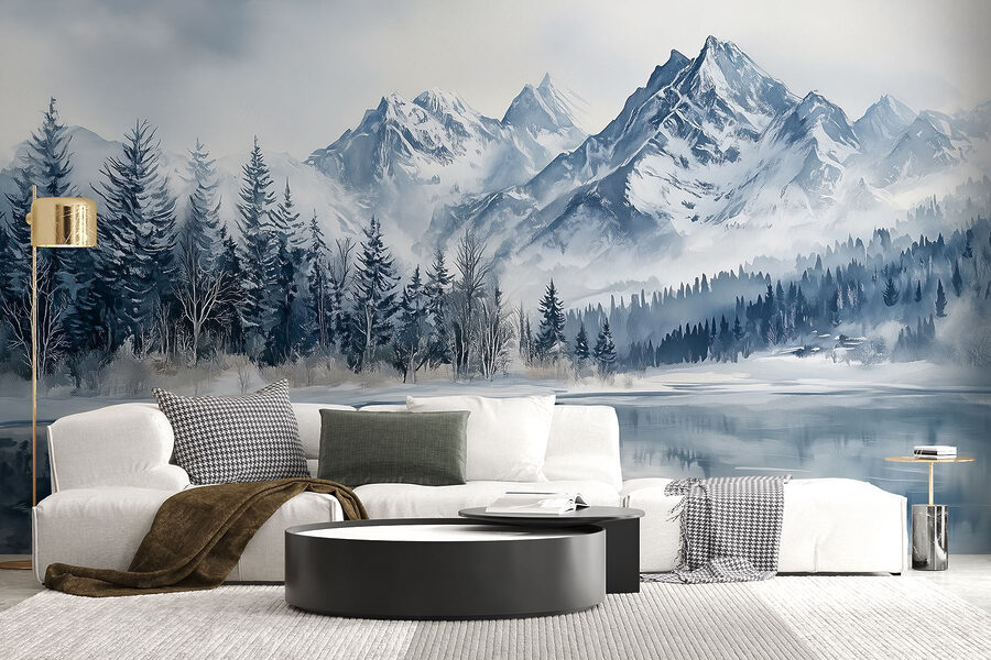 Lake with snow covered mountains and trees