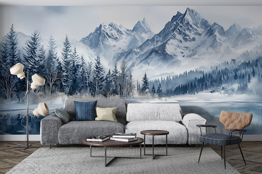 Lake with snow covered mountains and trees
