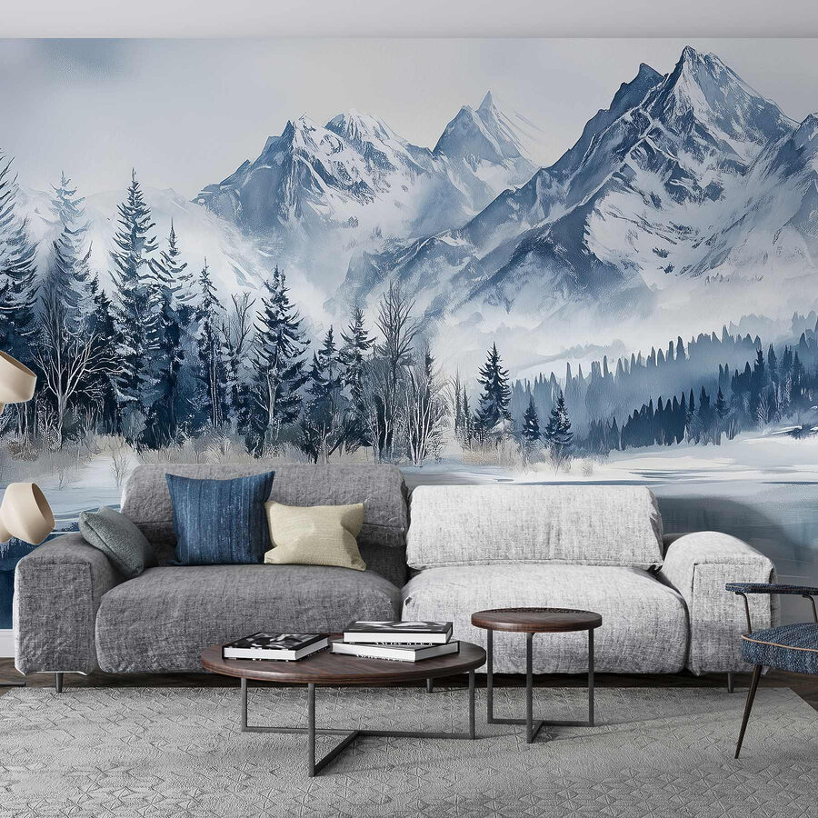 Lake with snow covered mountains and trees