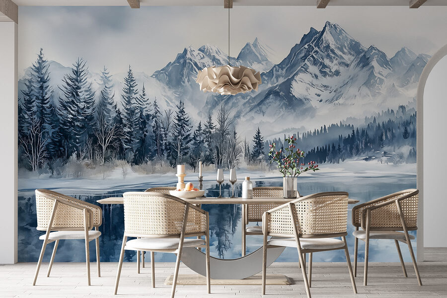 Lake with snow covered mountains and trees