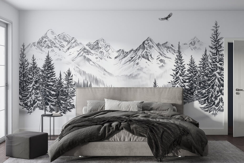 Snowy mountain landscape with trees and a bird flying over it