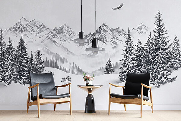 Snowy mountain landscape with trees and a bird flying over it