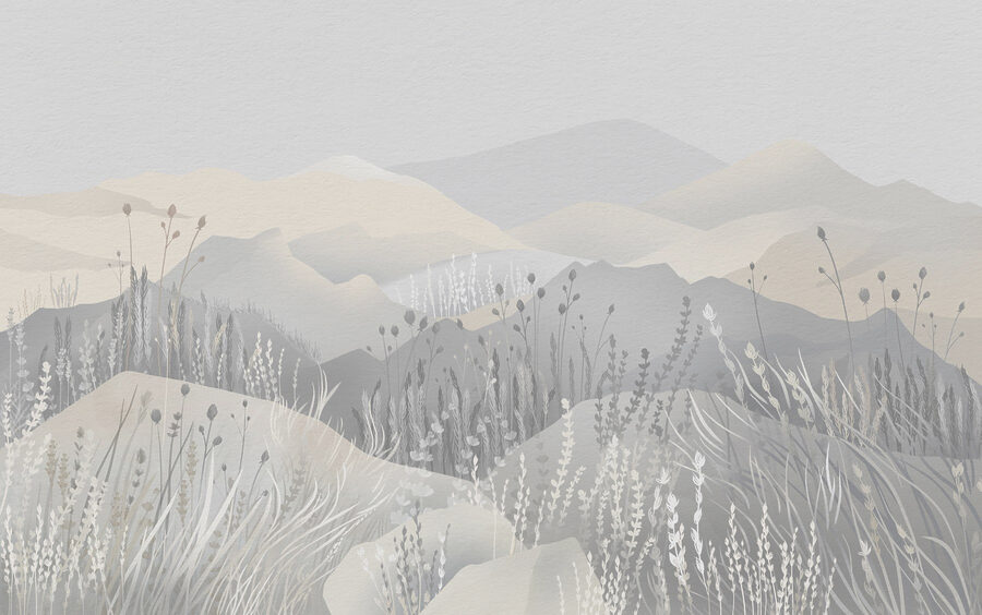 Painting of a landscape with mountains and grass