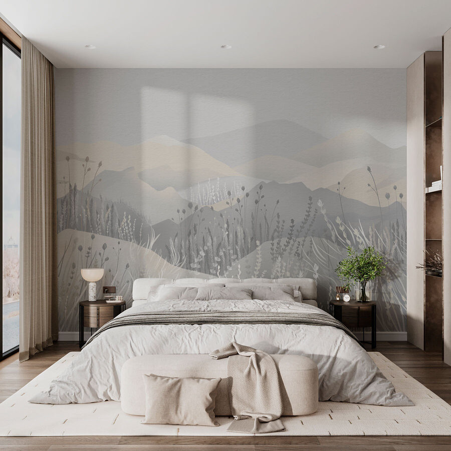 Painting of a landscape with mountains and grass