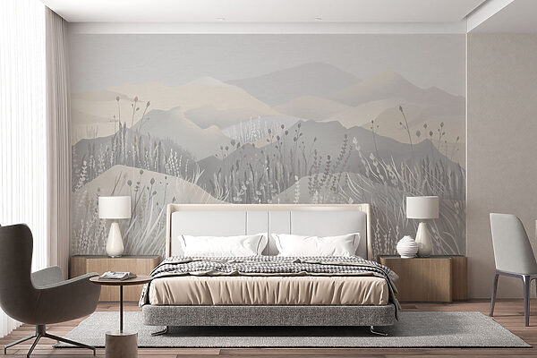 Painting of a landscape with mountains and grass Painting of a landscape with mountains and grass