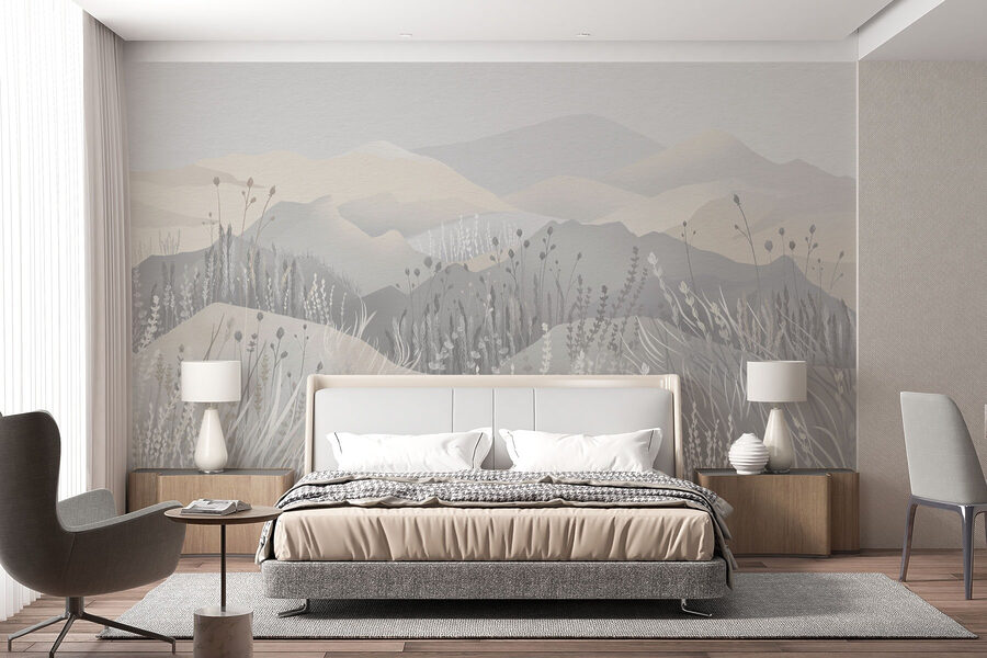 Painting of a landscape with mountains and grass