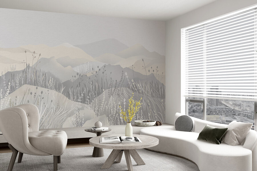 Painting of a landscape with mountains and grass