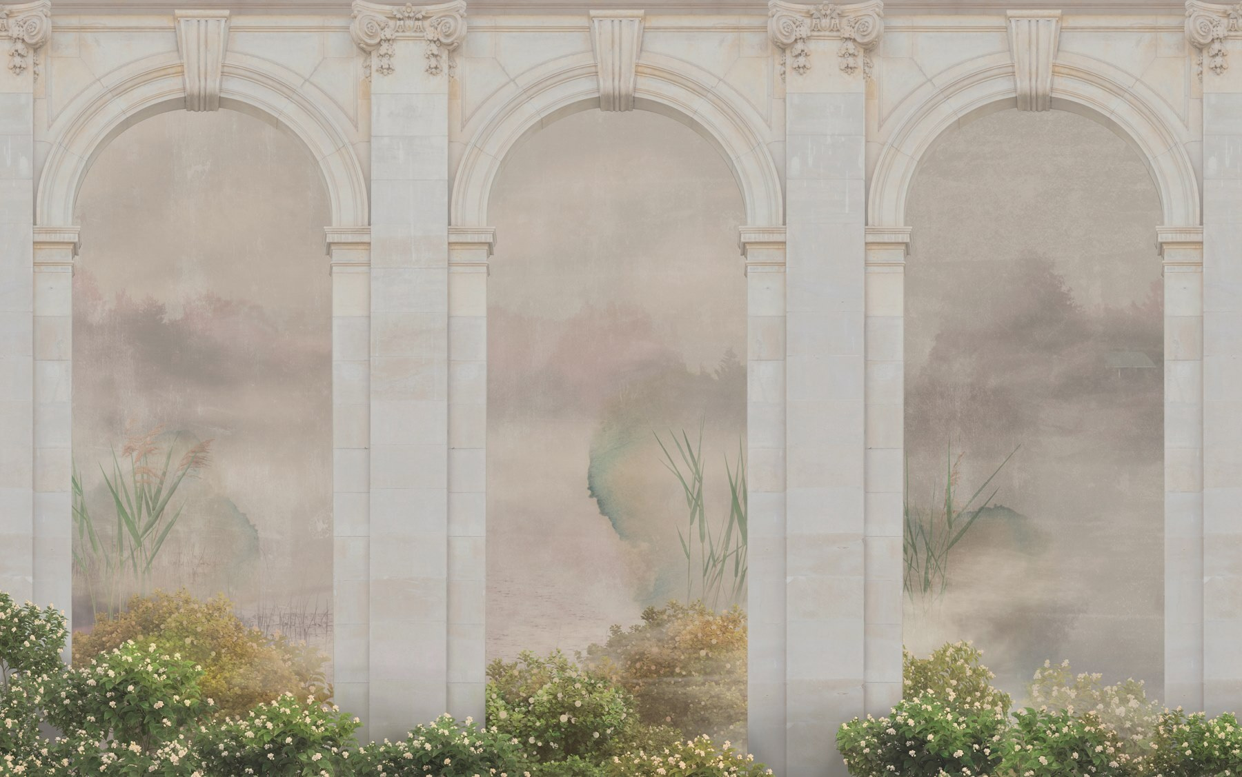 Wallpaper with a stone archway and plants