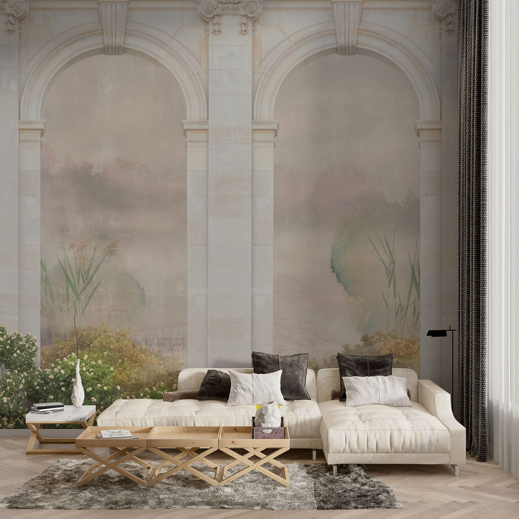 Wallpaper with a stone archway and plants