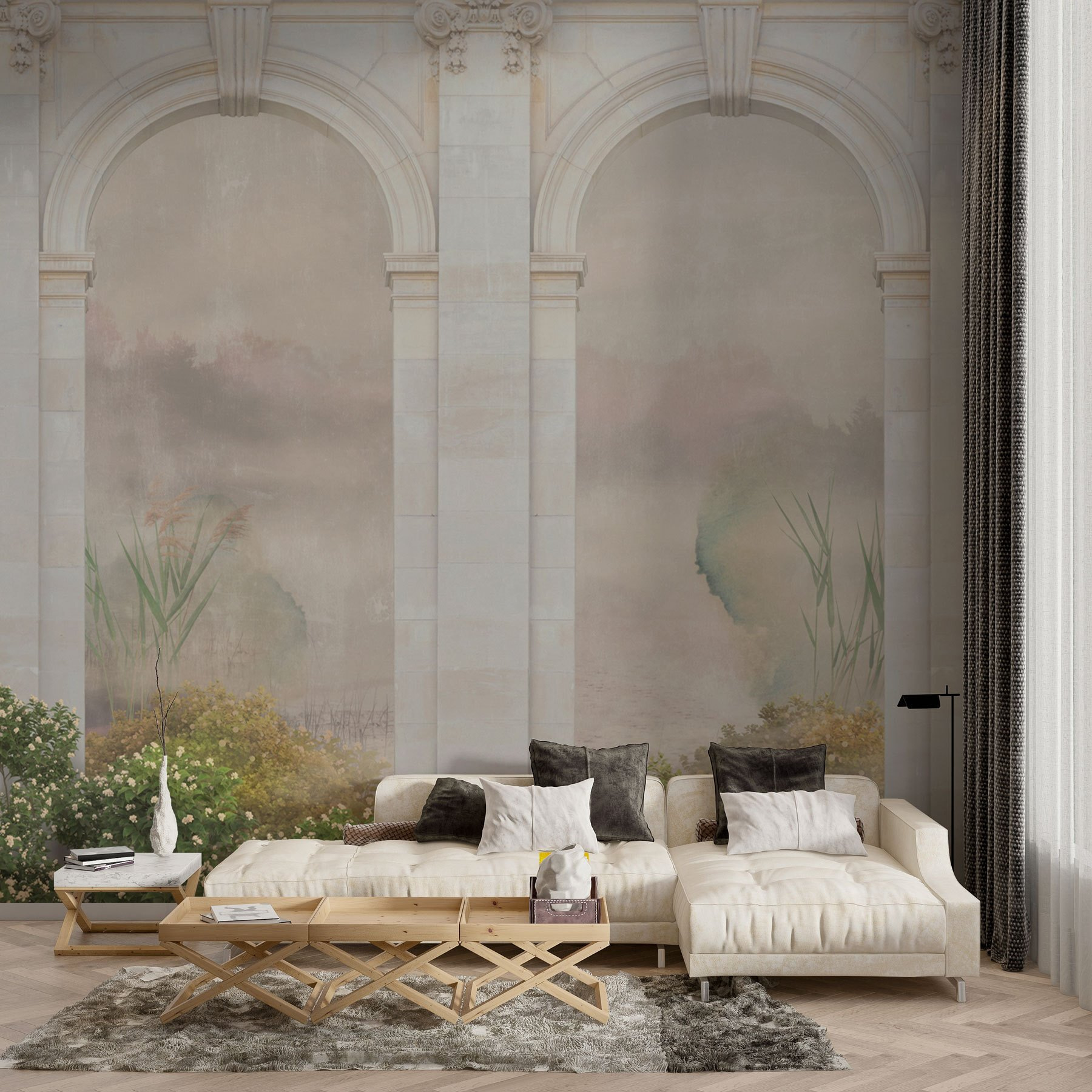 Wallpaper with a stone archway and plants