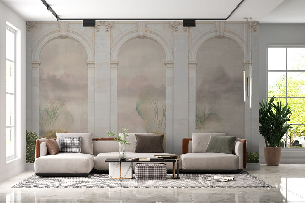 Wallpaper with a stone archway and plants