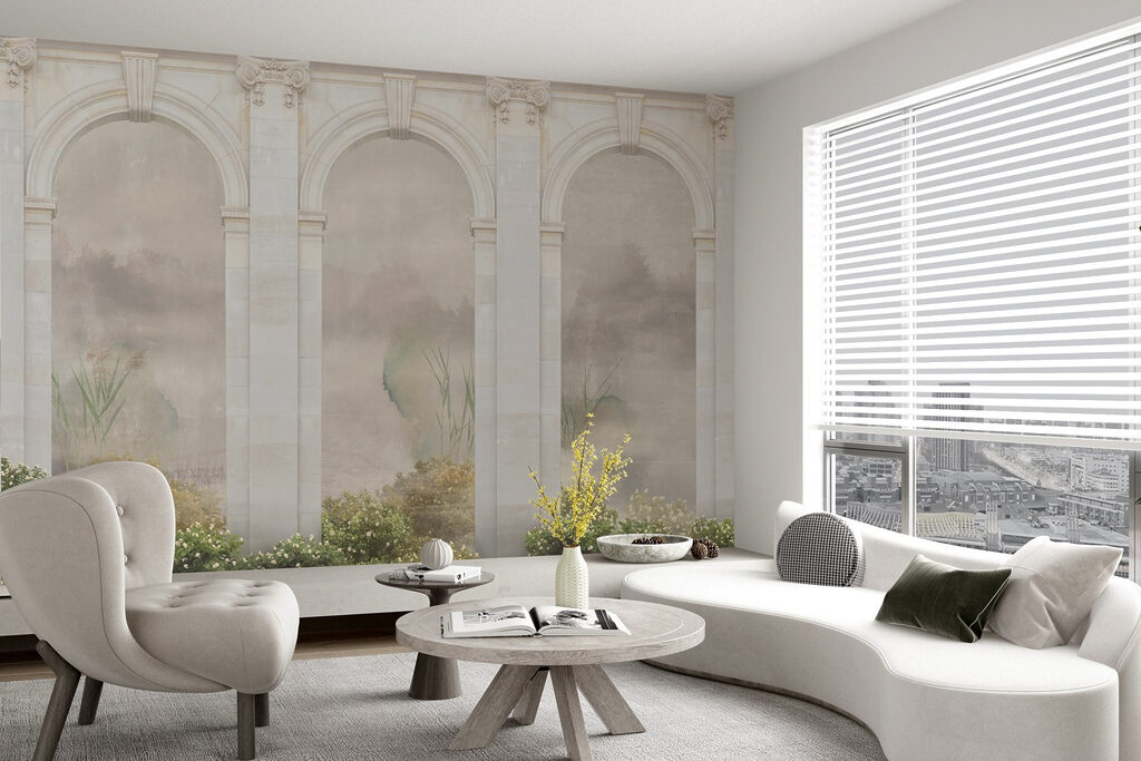 Wallpaper with a stone archway and plants