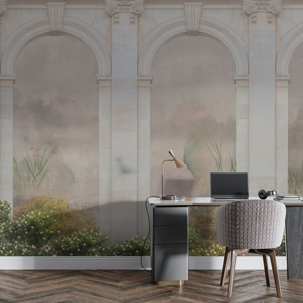 Wallpaper with a stone archway and plants