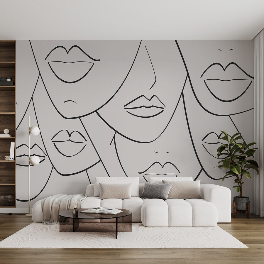 Group of faces with lips and lips drawn in black and white Group of faces with lips and lips drawn in black and white