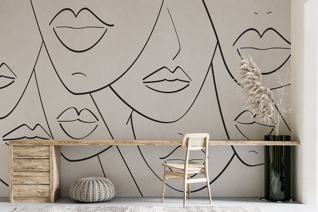 Group of faces with lips and lips drawn in black and white