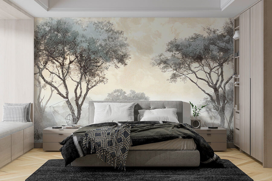 Wall murals Foggy landscape with trees and plants