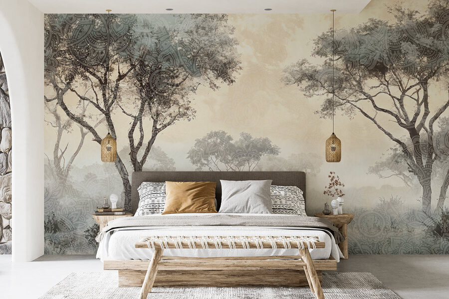 Wall murals Foggy landscape with trees and plants - Image 2