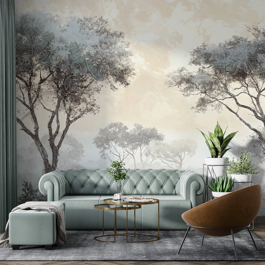 Wall murals Foggy landscape with trees and plants - Image 3