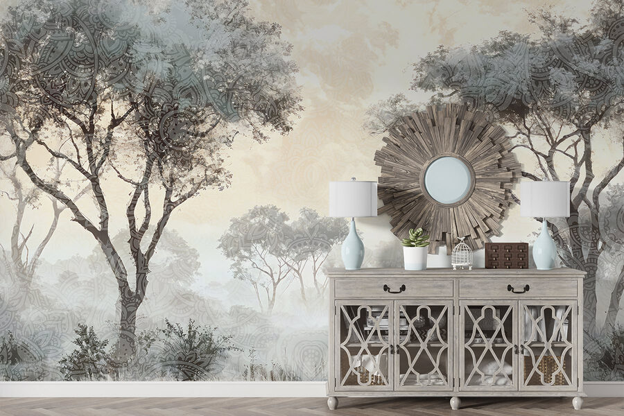 Wall murals Foggy landscape with trees and plants - Image 4