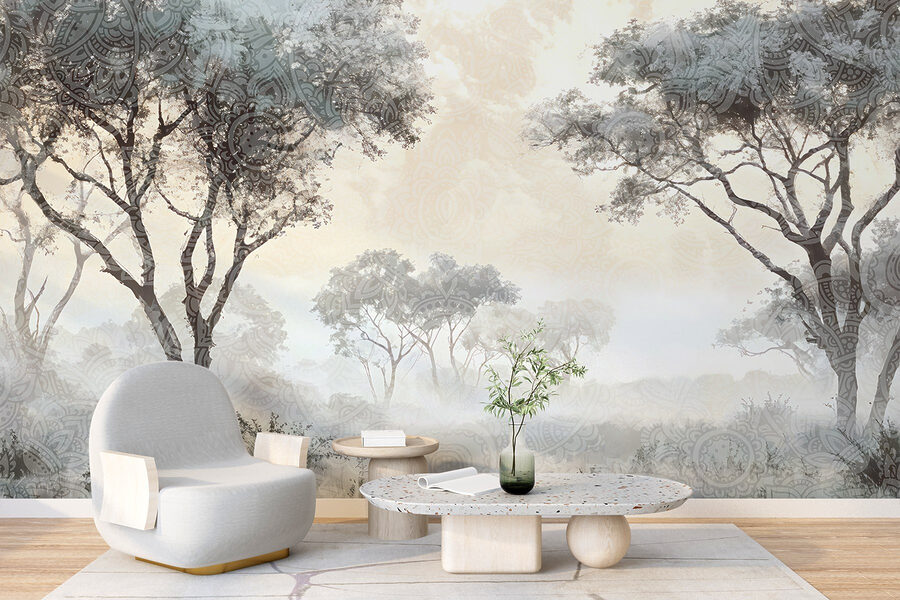 Wall murals Foggy landscape with trees and plants - Image 6