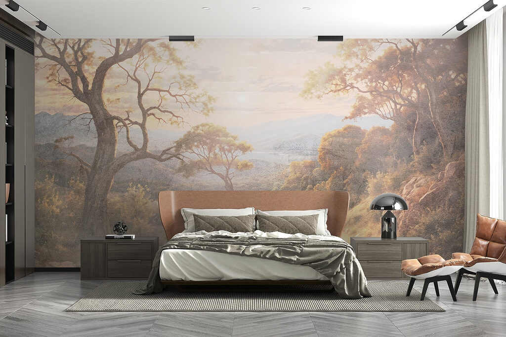 Dirt road with trees and mountains in the background Dirt road with trees and mountains in the background