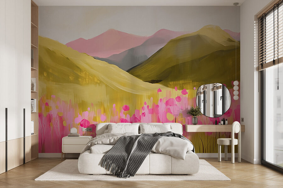 Wall murals Painting of a field of pink flowers
