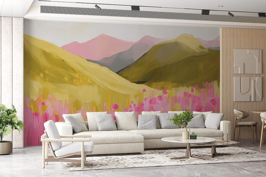 Wall murals Painting of a field of pink flowers - Image 3