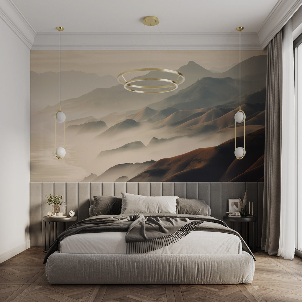 Foggy mountains with hills and water Foggy mountains with hills and water