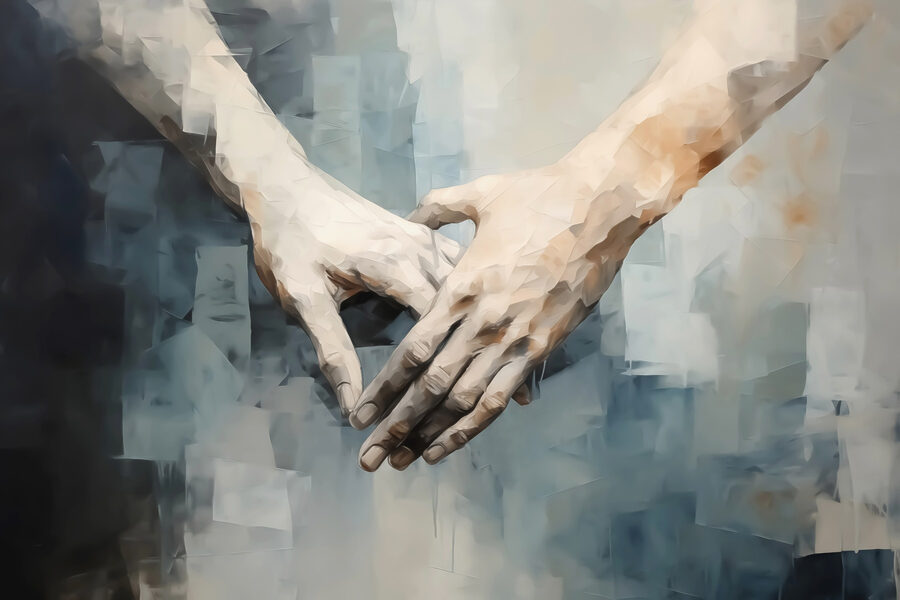 Touching hands connect in unity.