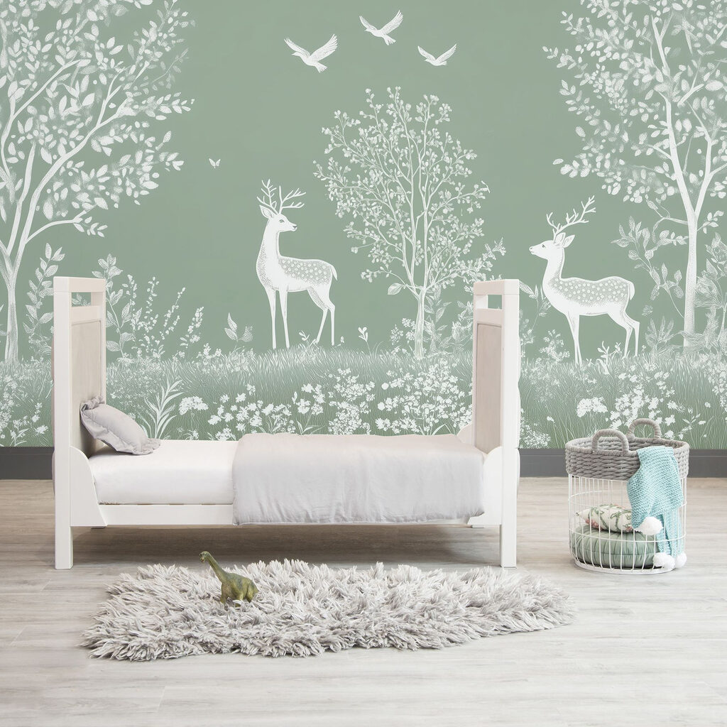 White deer and birds in a field White deer and birds in a field