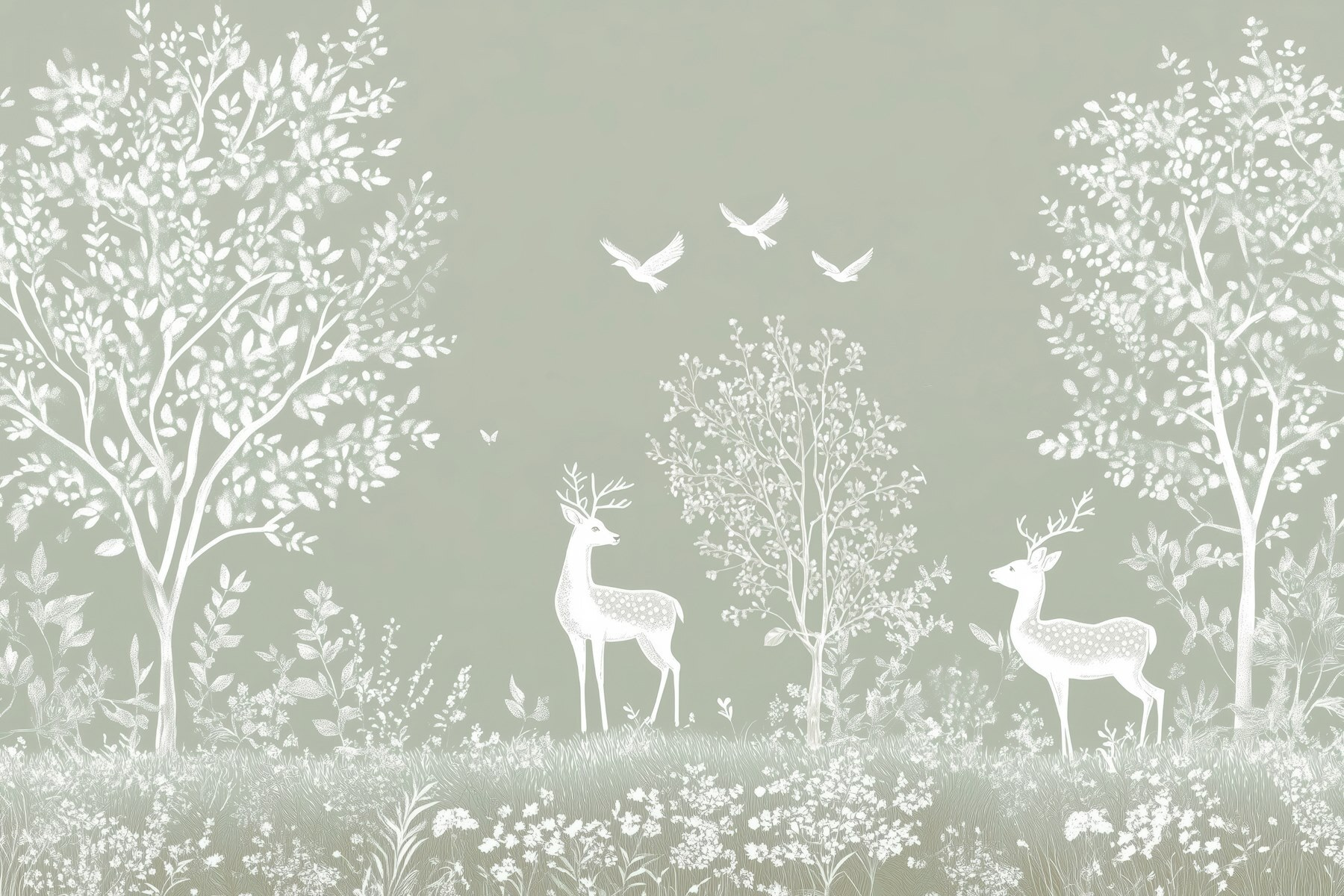 White deer and birds in a forest