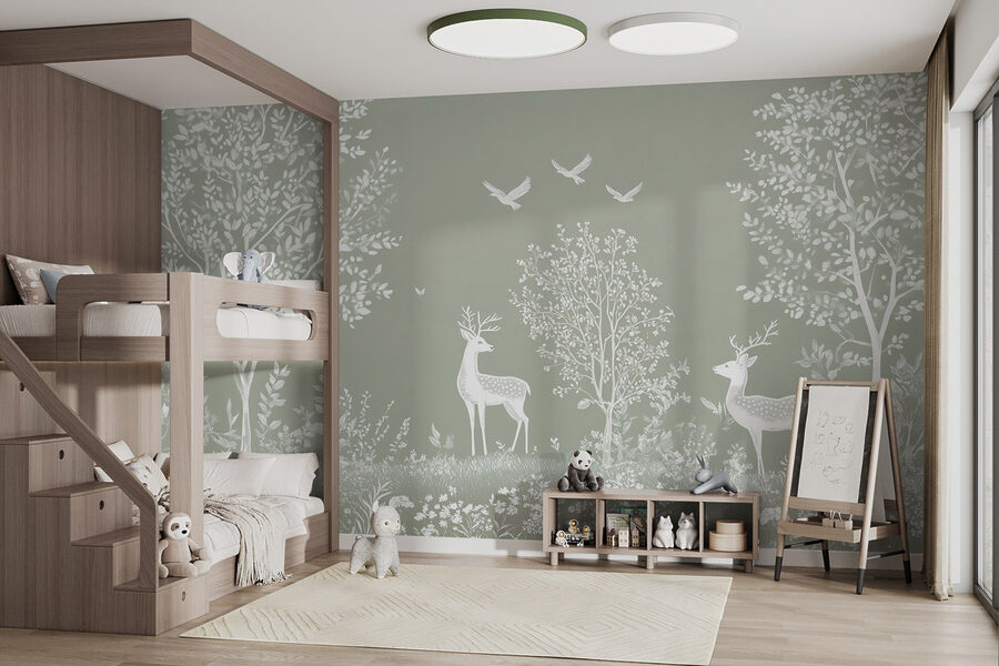 White deer and birds in a forest White deer and birds in a forest