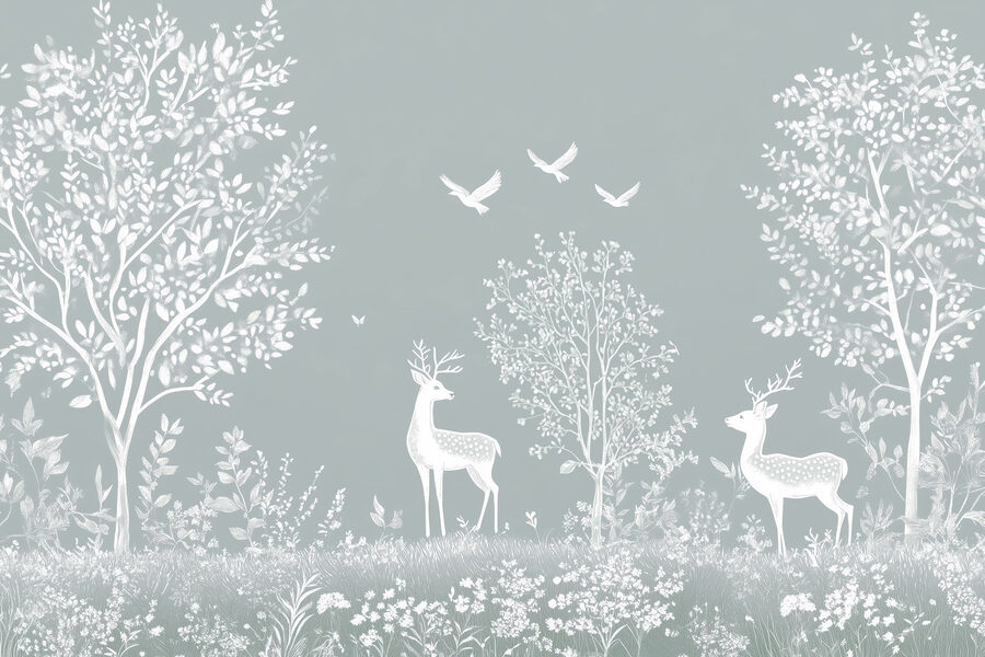 White deer and birds in a forest White deer and birds in a forest