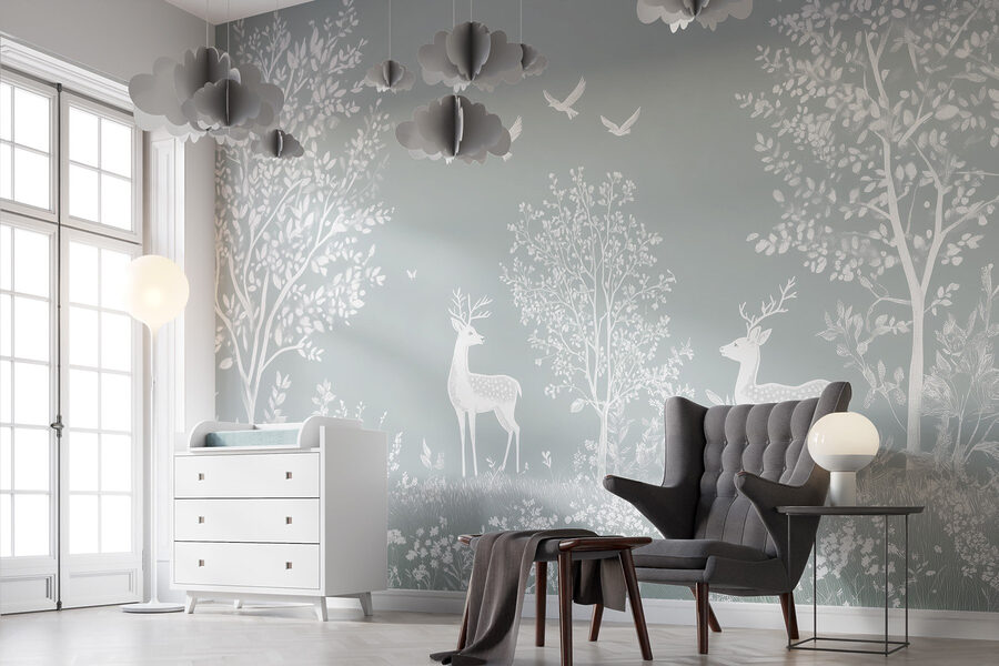 White deer and birds in a forest White deer and birds in a forest