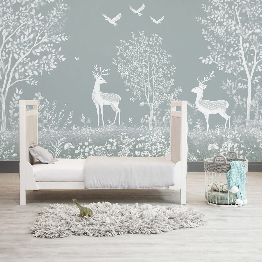 White deer and birds in a forest White deer and birds in a forest